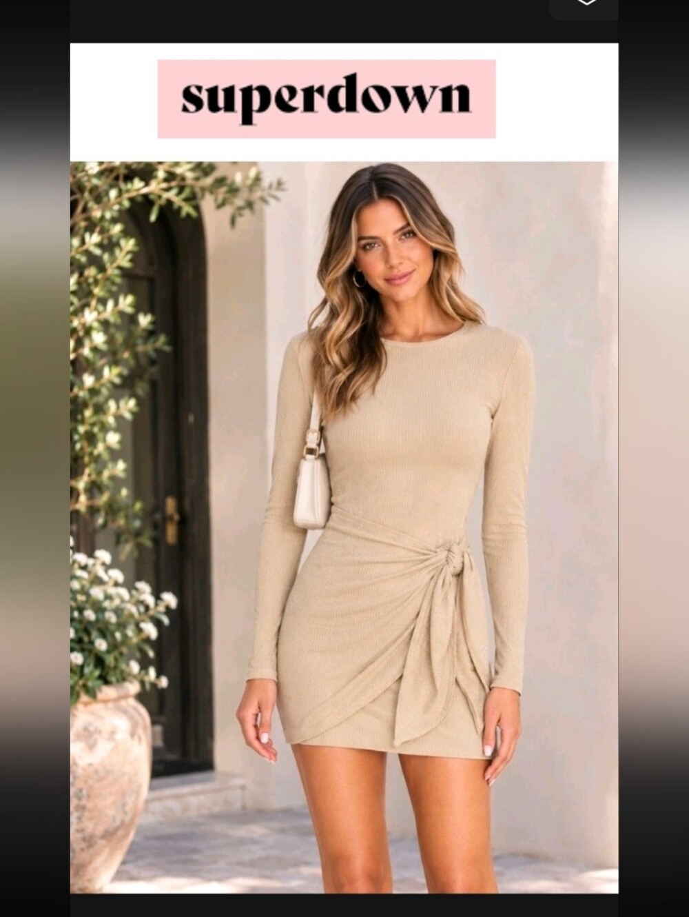 Superdown Dana Wrap Mini Dress Nude Beige Rib Knit Revolve Size Small